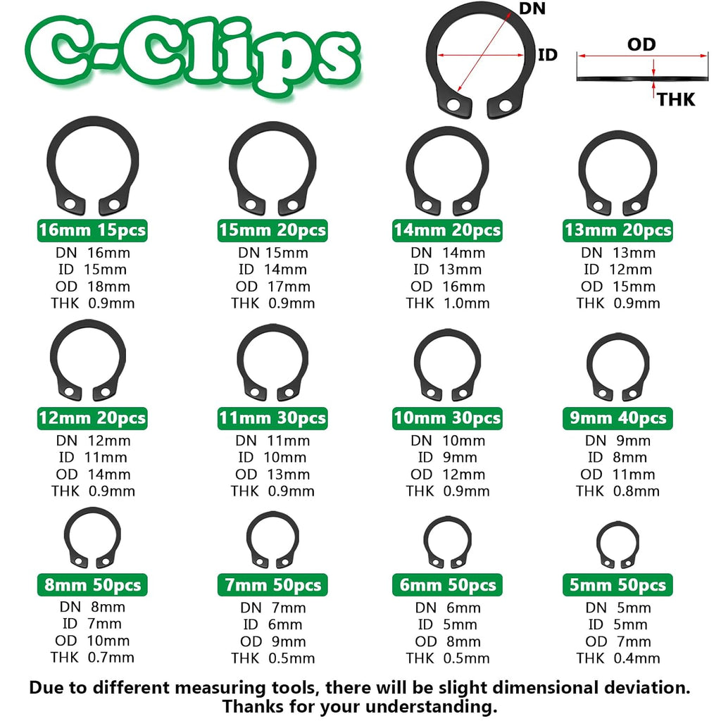 900PCS Snap Rings Kit, E Clips Kit (2-12MM) and C Clips Kit (5-16MM)