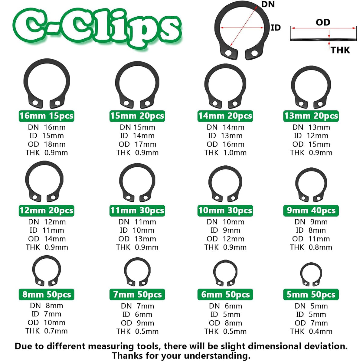 900PCS Snap Rings Kit, E Clips Kit (2-12MM) and C Clips Kit (5-16MM)