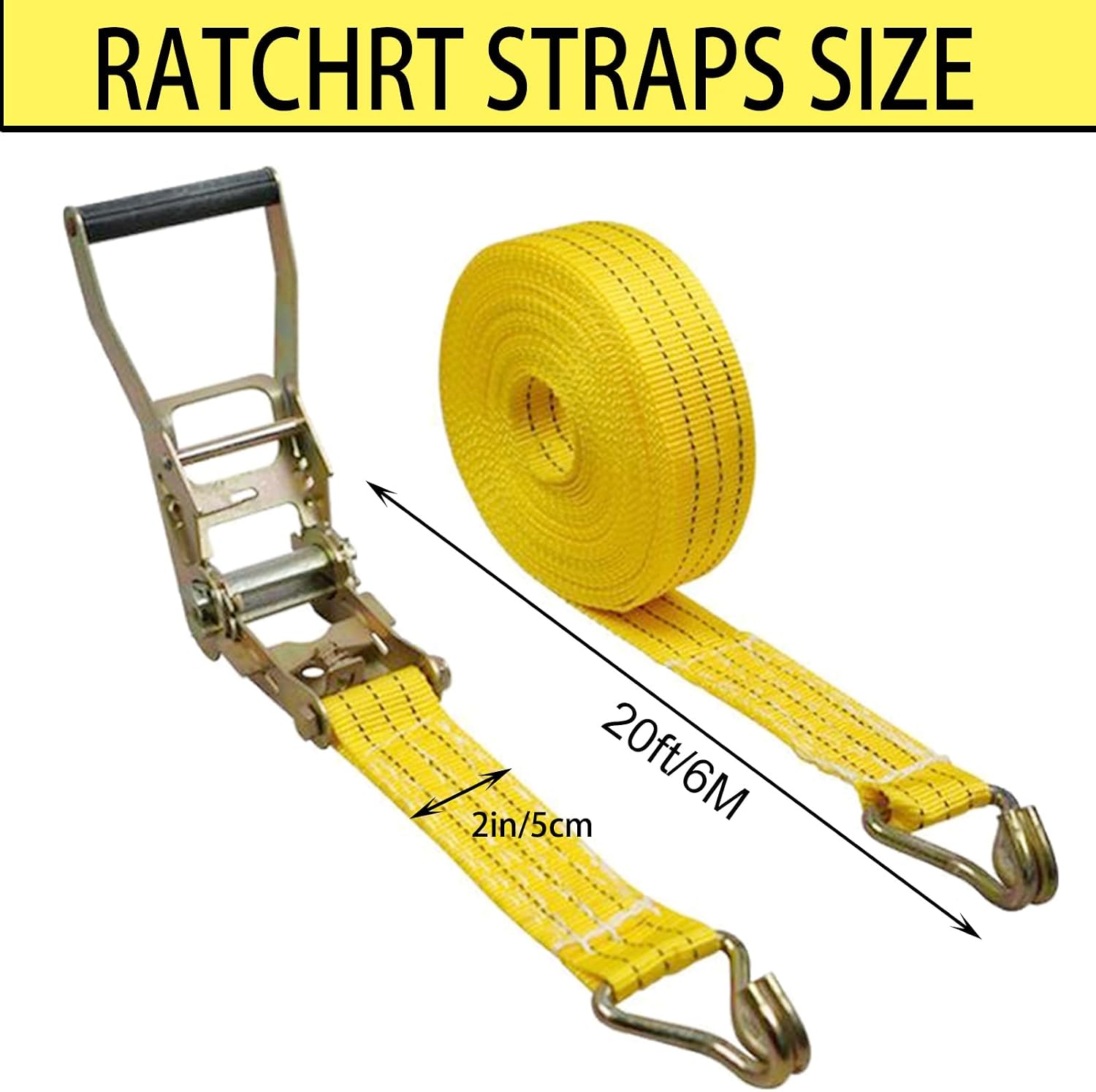 Ratchet Straps Heavy Duty, 8000 LBS Break Strength Ratchet Strap Tie Down, 2” x 20ft Black Tie-Down Ratcheting Cargo
