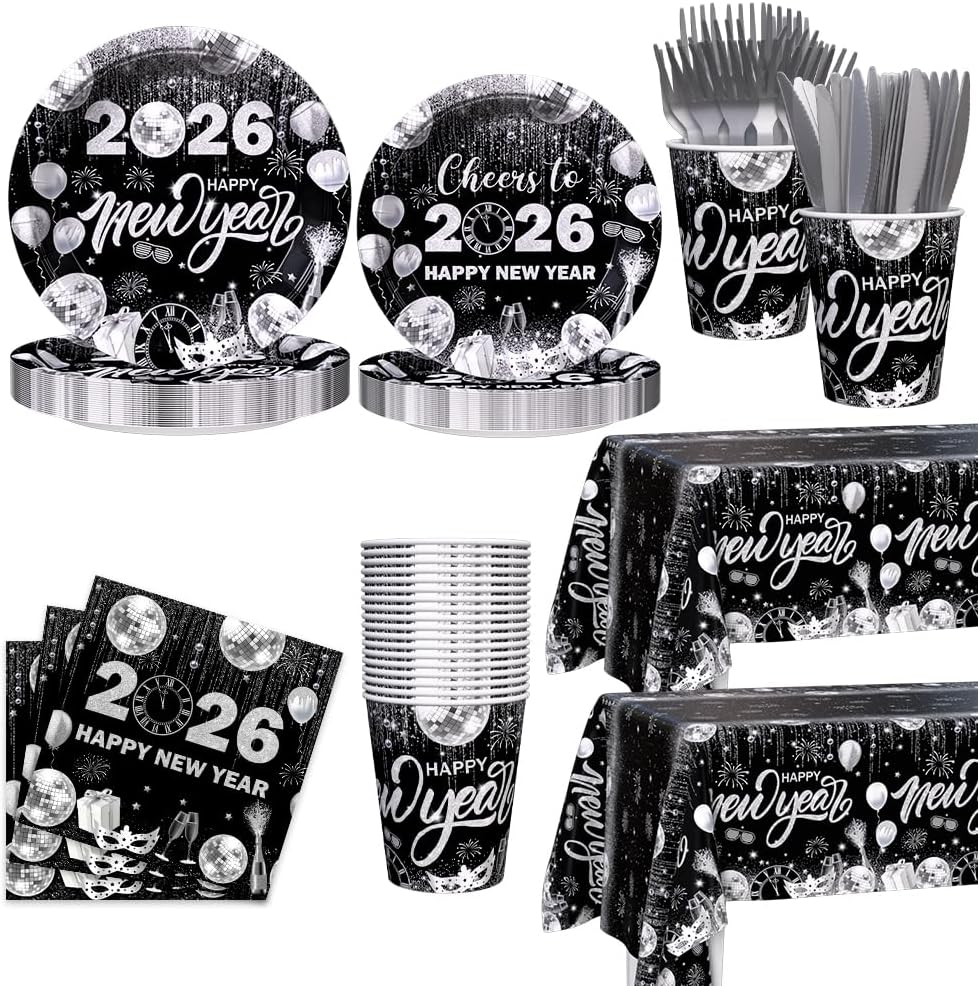 194pcs Happy New Years Eve 2026 Party Decorations for New Year Party Plates, Cup, Napkin, Tablecloth, Tableware