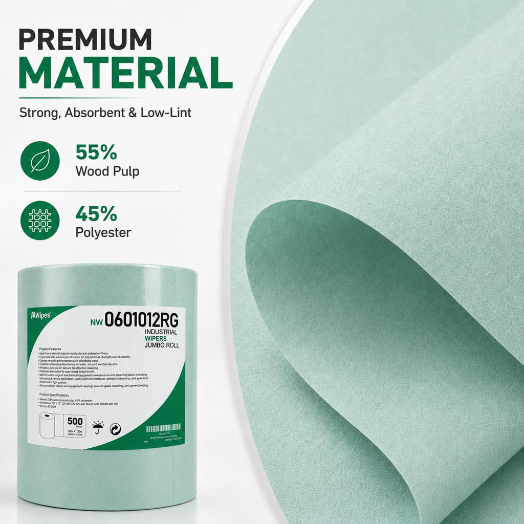 Cleanroom Wipes Roll, 10x12" 500 Sheets Green, Cellulose Polyester