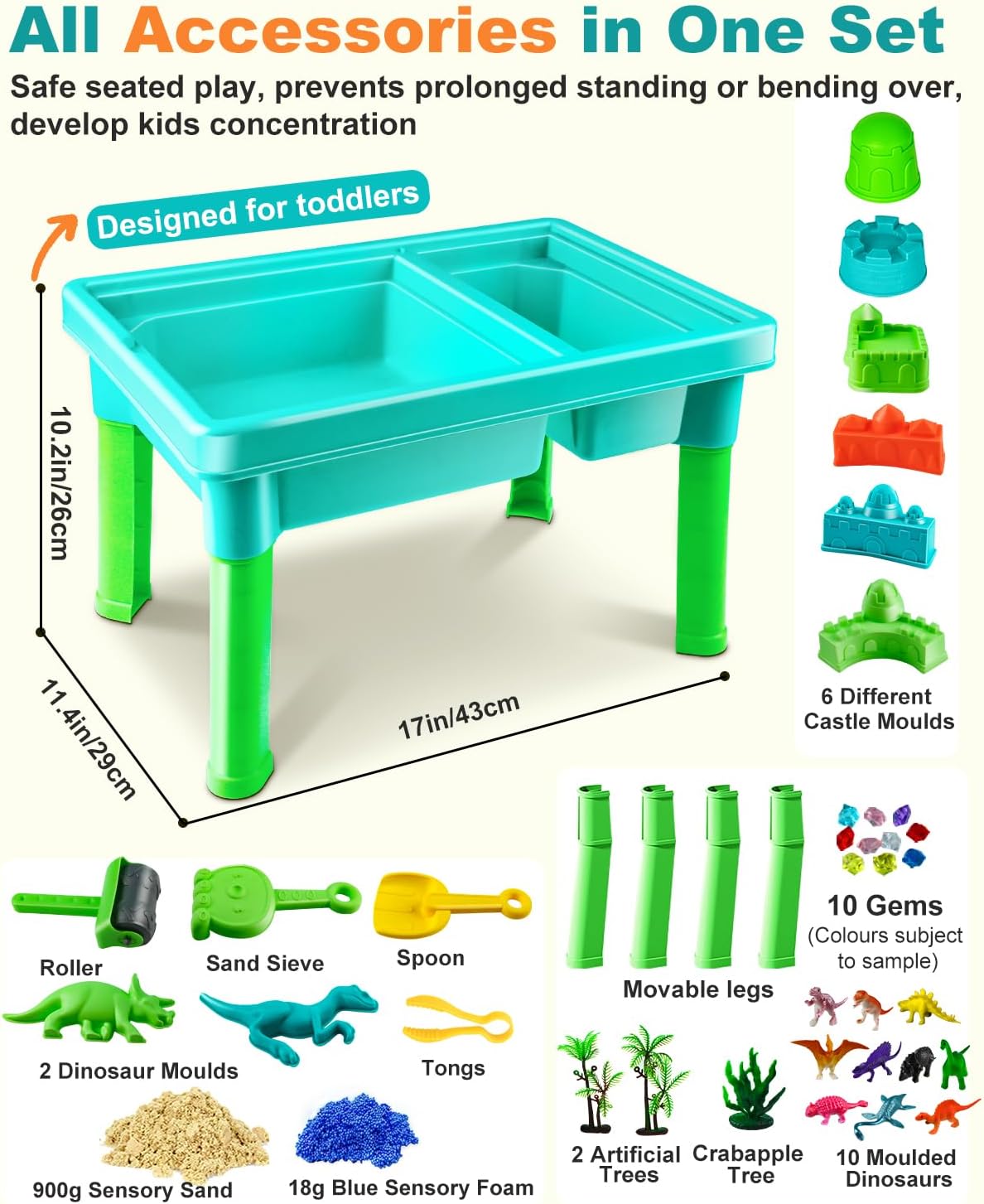 Sandbox Kit Sand Table : Sand Playset Bin with Lid Toys Toddler Dinosaur/Ocean Molds Sets Enhance Creativity &