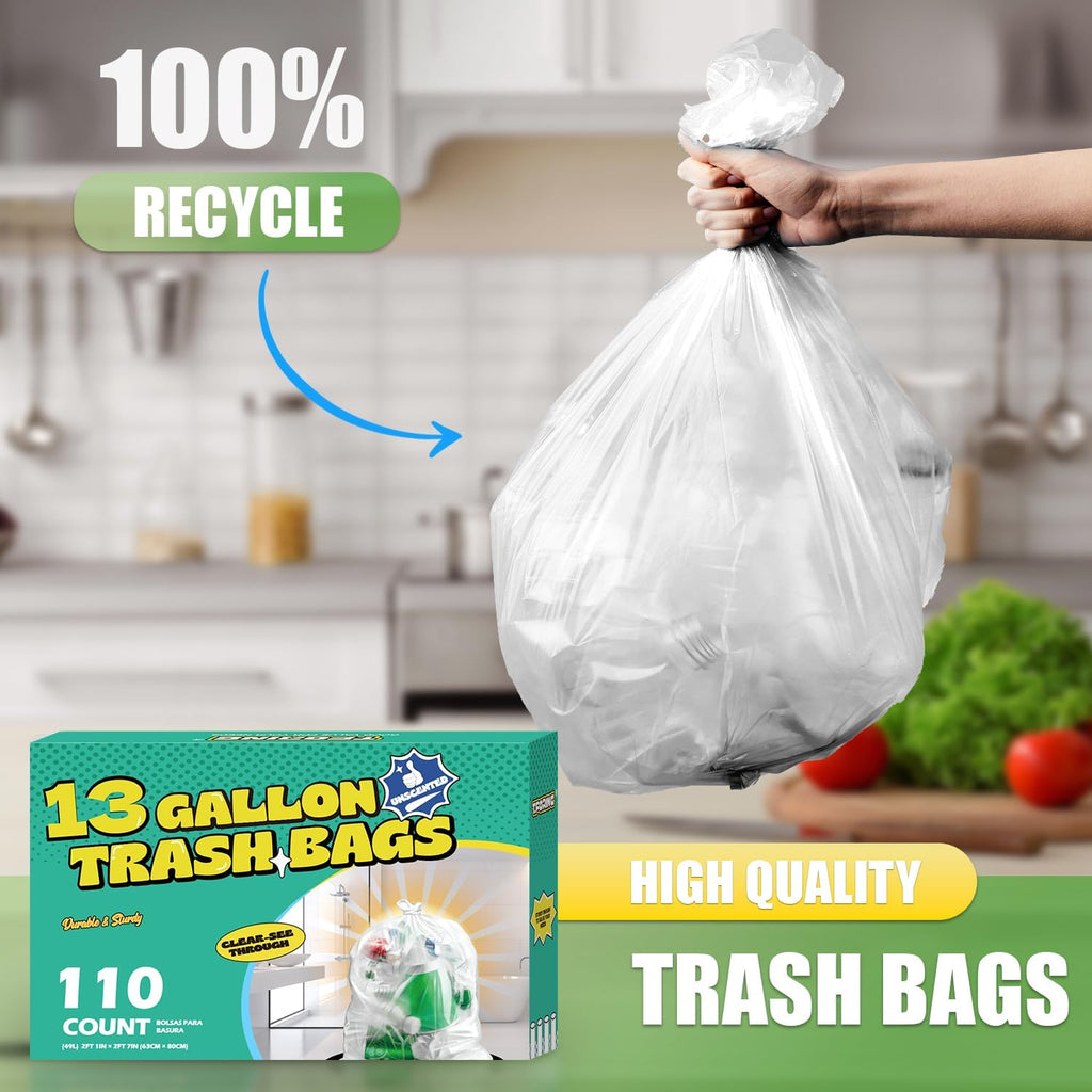 13 Gallon Tall Kitchen Trash Bags Unscented,1.1 Mil,Clear,110 Ct | Leakproof,Heavy Duty,Strong Garbage Can