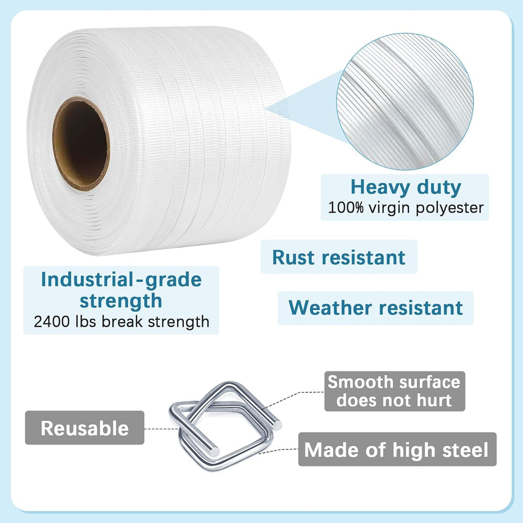 1/2" x 500' Woven Cord Strapping Kit with 200Pcs Metal Wire Buckles Havy Duty Woven Banding Packaging Strapping Rolls