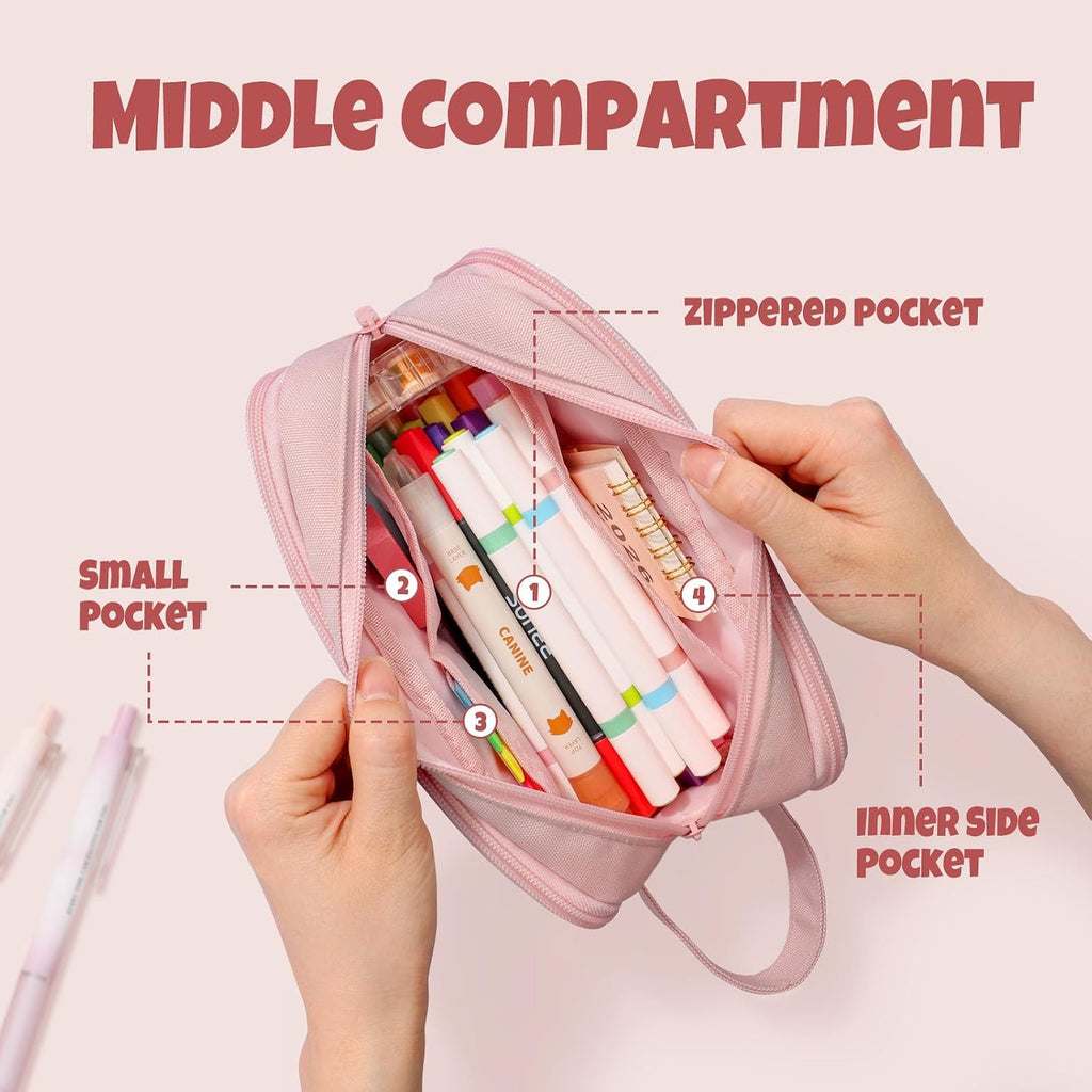 Large Capacity Pencil Case with 3 Compartment, Extra Big Pencil Pouch, Pencil Bag with Zipper, Cute High Stationery