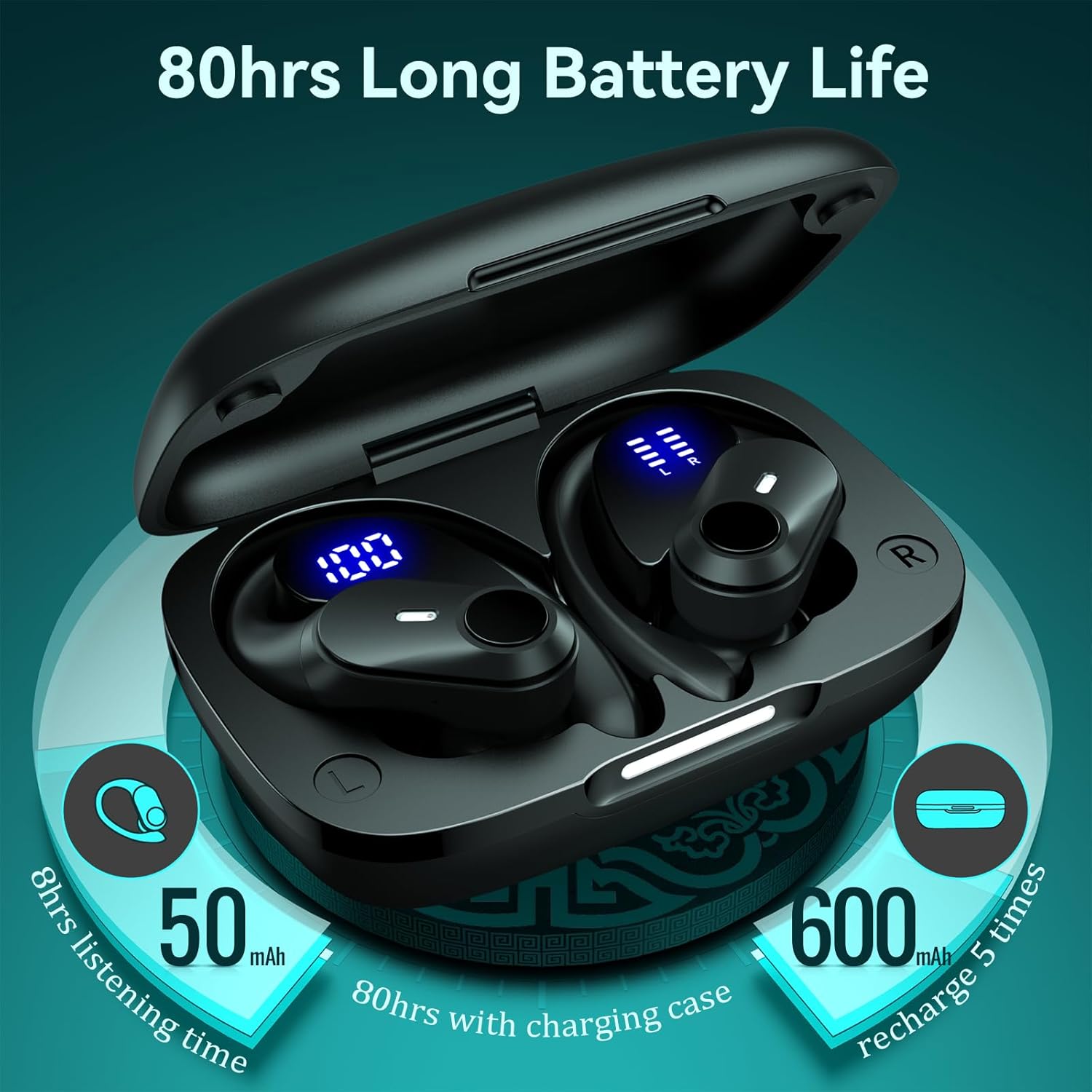 Active Noise Cancelling Ear Buds Wireless Earbuds 80H Playtime Bluetooth Headphones Over Ear Hooks Earphones with