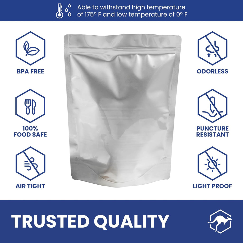50 Count 1-Quart Gusset Mylar Bags with Labels, 12 Mil Total Thickness Long-Term Food Storage Pouches, 10x7 Stand-Up