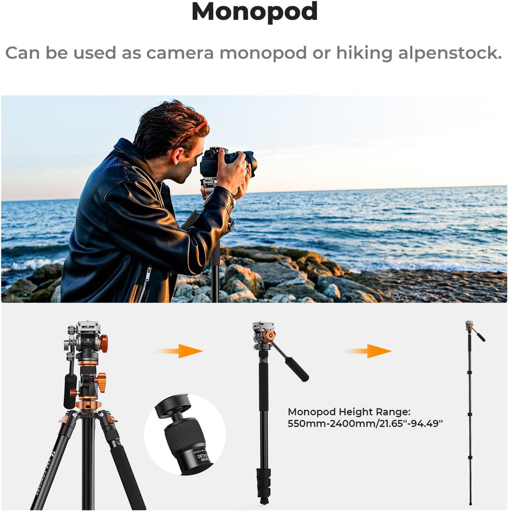 90''/230cm Horizontal Fluid Head Camera Tripod | Heavy Duty Overhead Shooting Video Tripods, Center Colmun