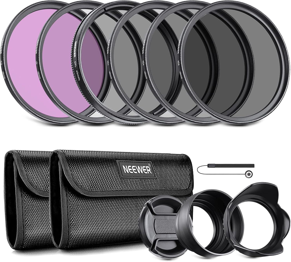 49mm ND Lens Filter Kit: UV, CPL, FLD, ND2, ND4, ND8, Hood, Cap | Circular Polarizing Filter, Polarizer, Neutral