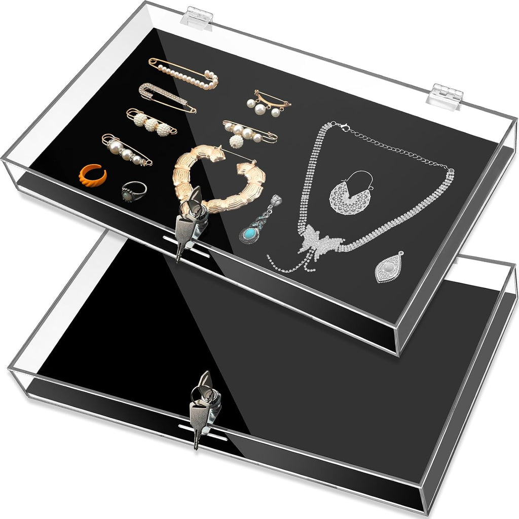 2 Pcs Acrylic Locking Jewelry Display Case Clear Ring Earring Necklace Bracelet Security Showcase with Lock and Key