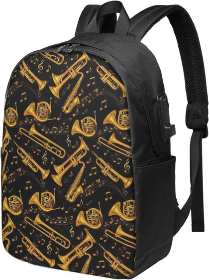 Gold Trumpet Trombone French Horn Black USB Backpack Travel Casual Day Bag 12×6.5×17 Inch