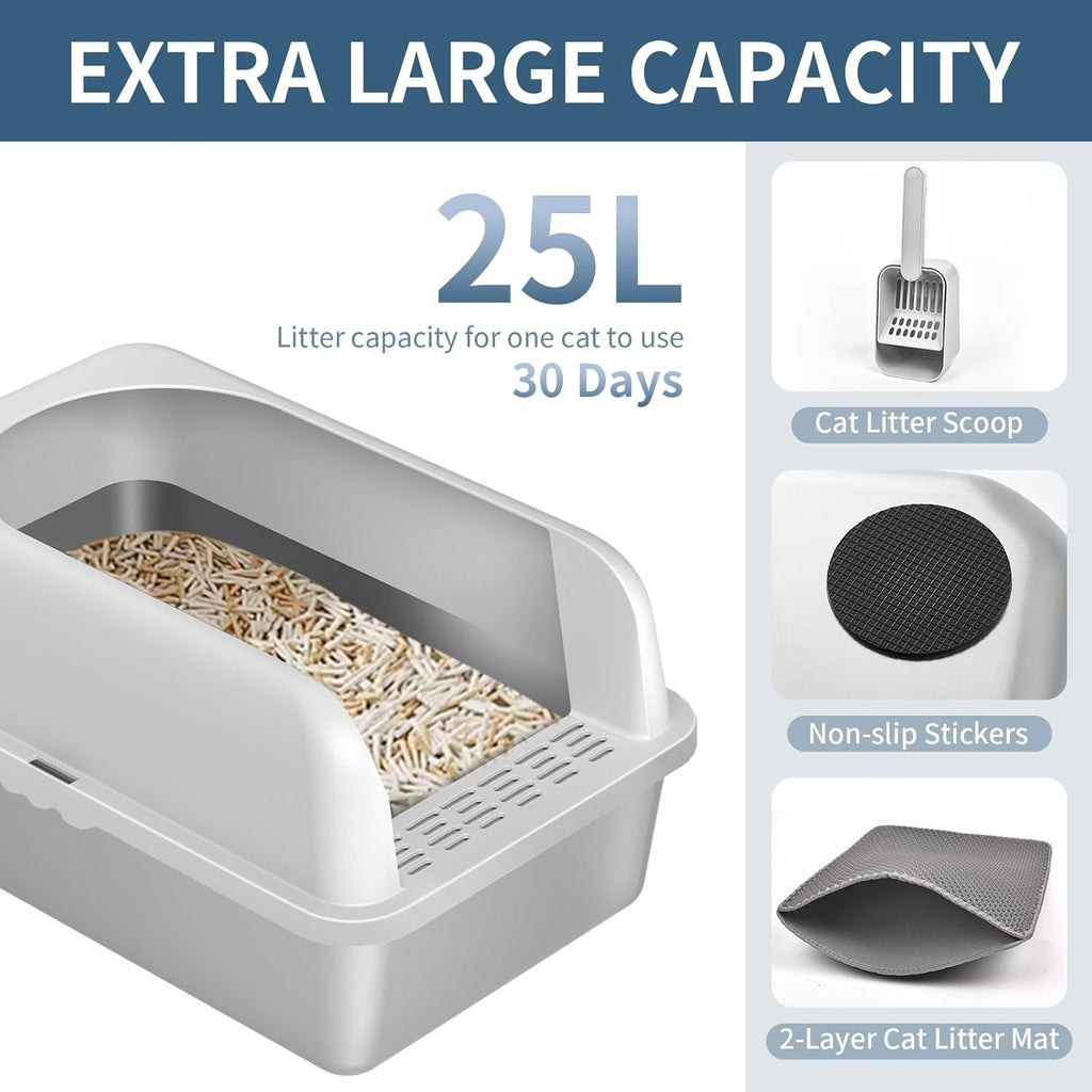 Stainless Steel Cat Litter Box with Lid High Wall Sides Enclosure, Non-Sticky, Anti-Leakage, Easy Cleaning, with Cat