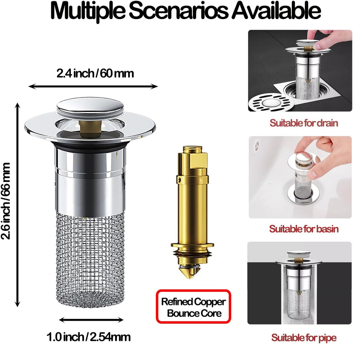 Pop Up Bathroom Sink Drain Strainer Hair Catcher, Sink Drain Stopper with Removable Stainless Steel Filter Basket