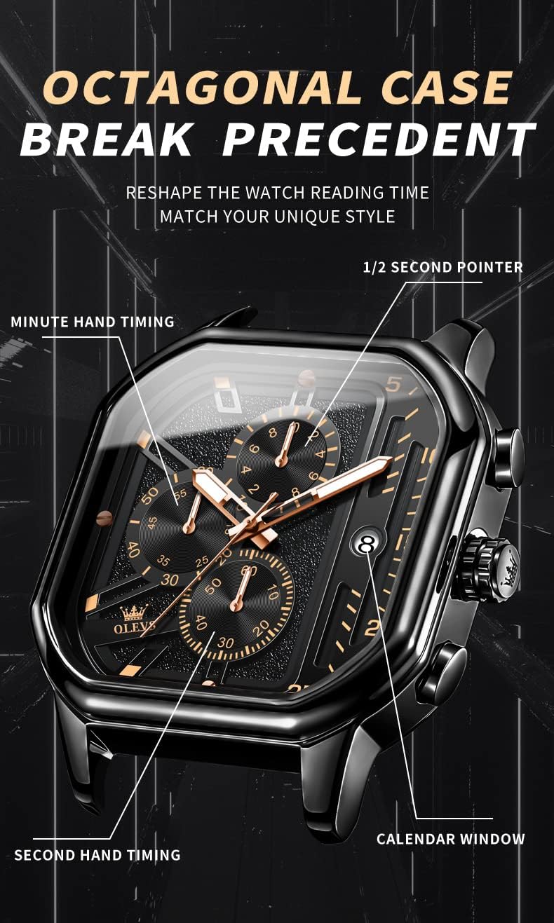 Square Watches for Men Chronograph Fashion Business Watch Luminous Waterproof Casual Wrist Watches
