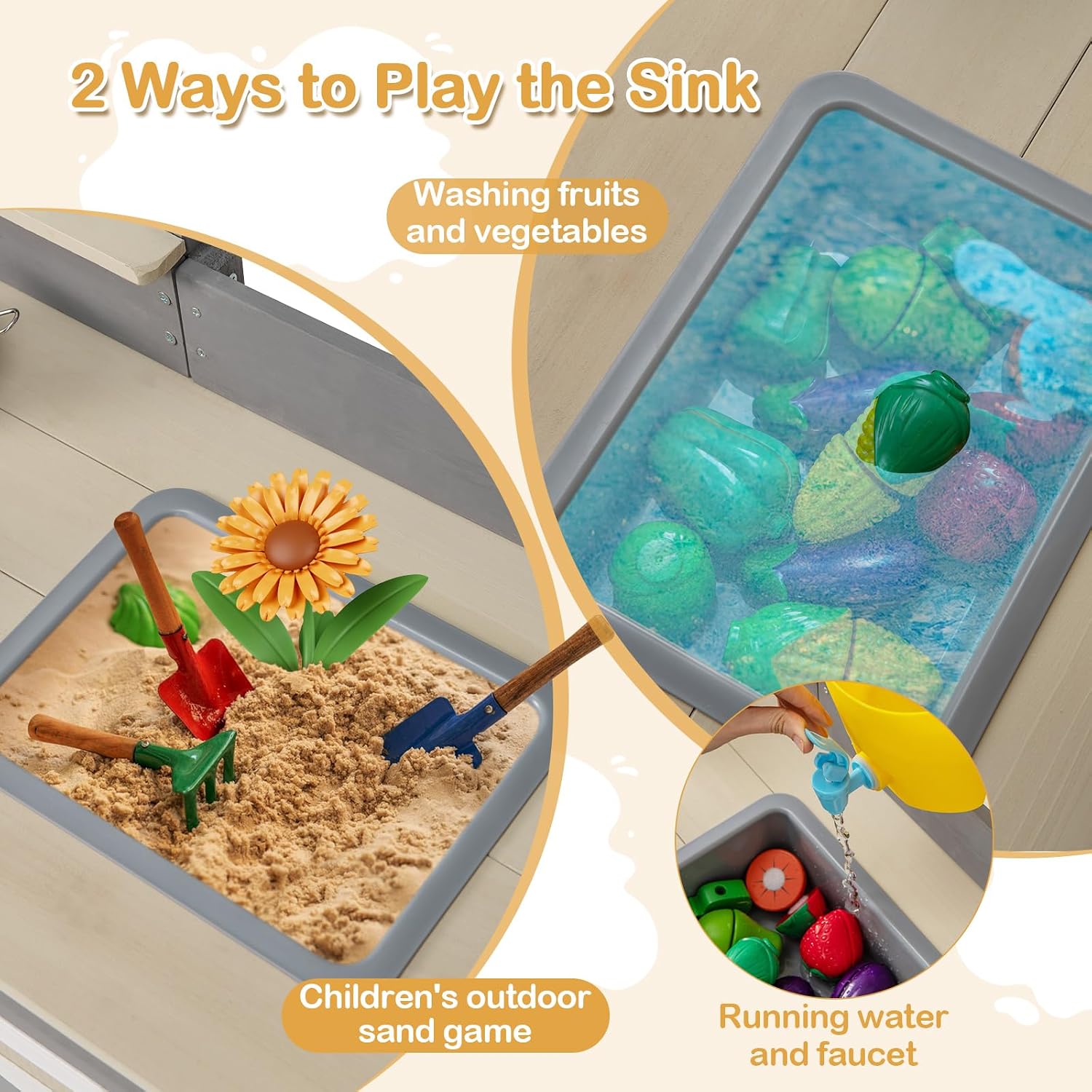 Mud Kitchen, Outdoor Play Kitchen with Faucet Chalkboard Stoves Removable Sink Cooking Accessories Wooden Kids