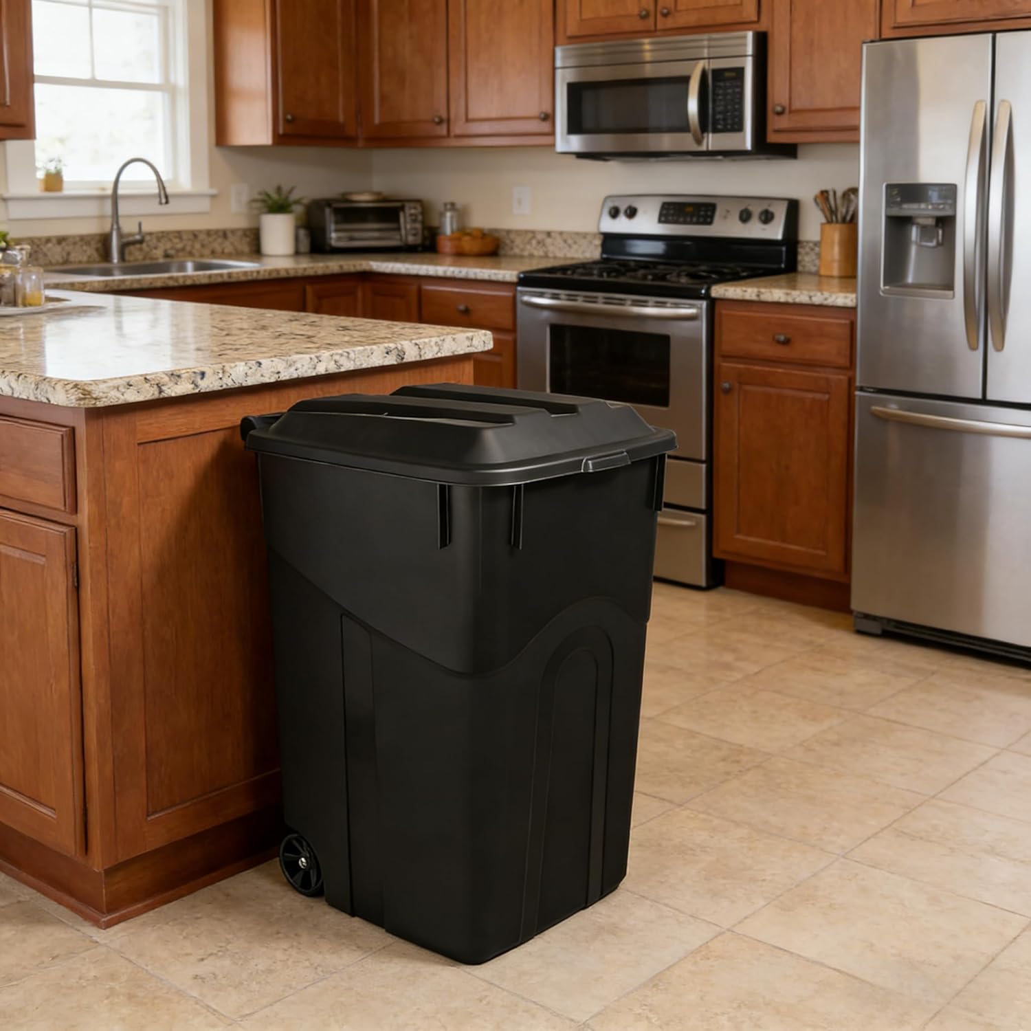 45 Gallon Trash Can, Heavy Duty Plastic Garbage Cans, Outdoor Trash Can with Lid and Wheels Black for Terrace