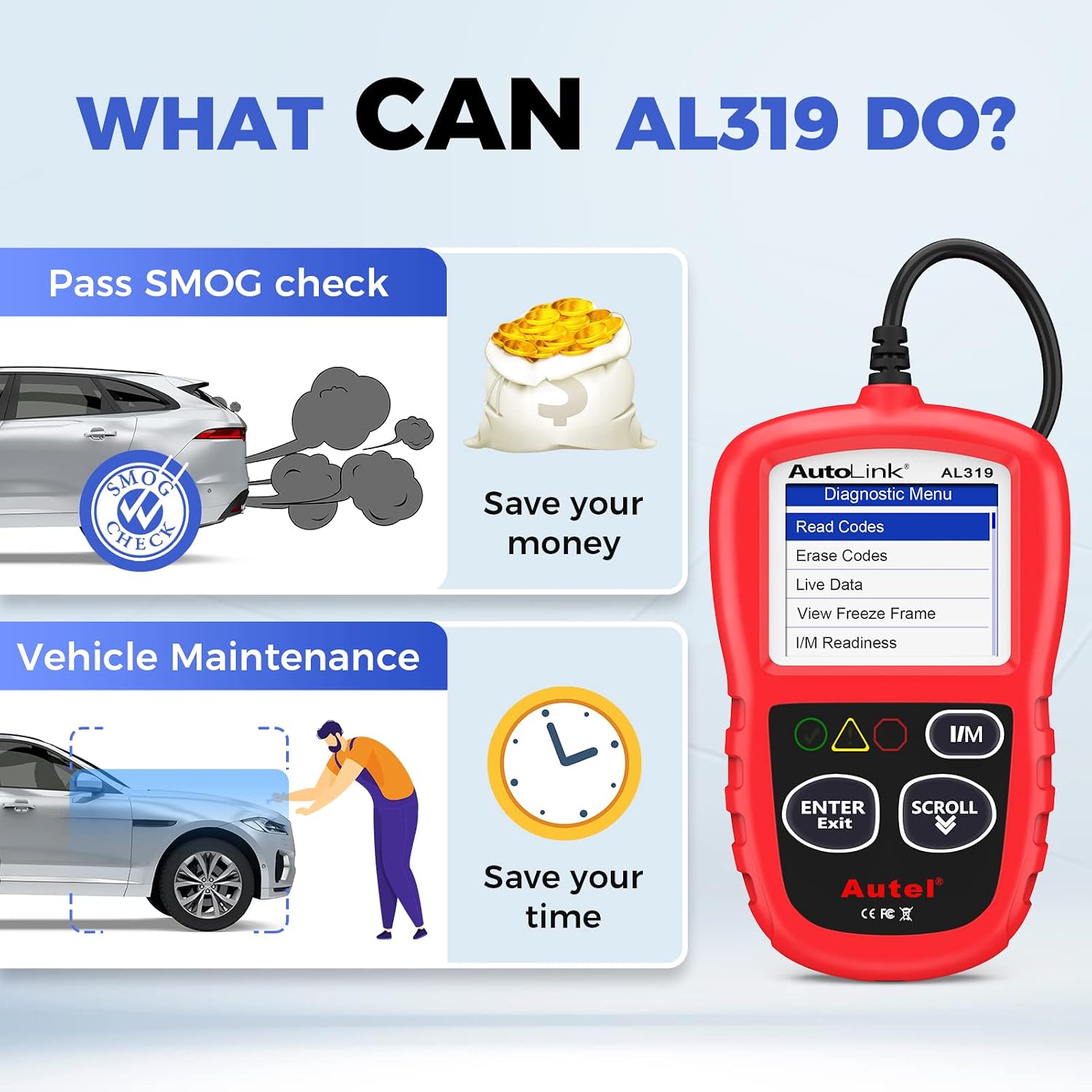 AL319 Professional OBD2 Scanner, Enhanced Check Engine Code Reader | Reset Fault Code, Live Data, Freeze Frame, CAN