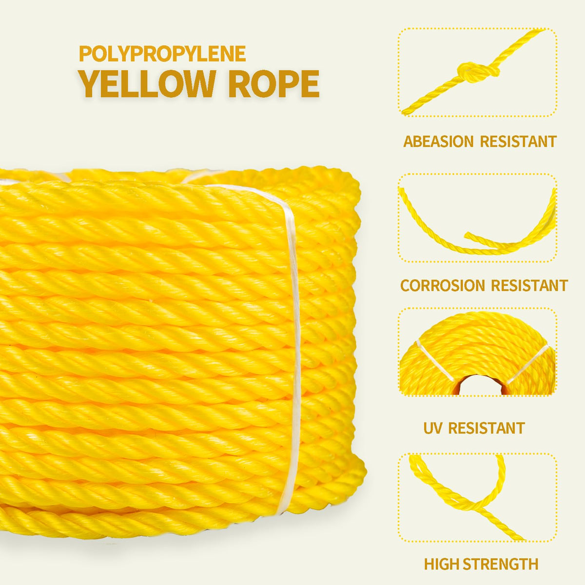 1/4 Inch × 50 FT Yellow Twisted Polypropylene Rope