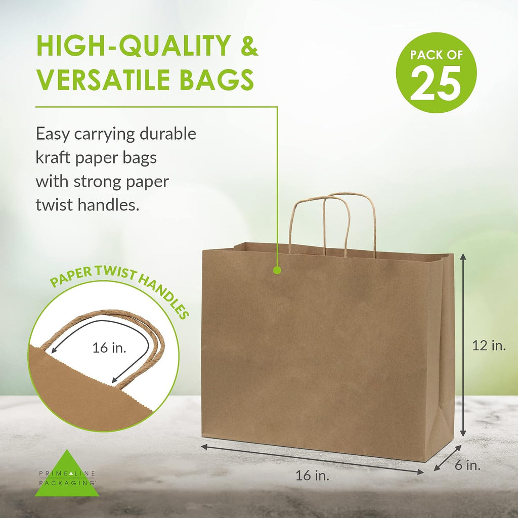 Large Kraft Bags with Handles, 16x6x12 Inch, 25 Pack