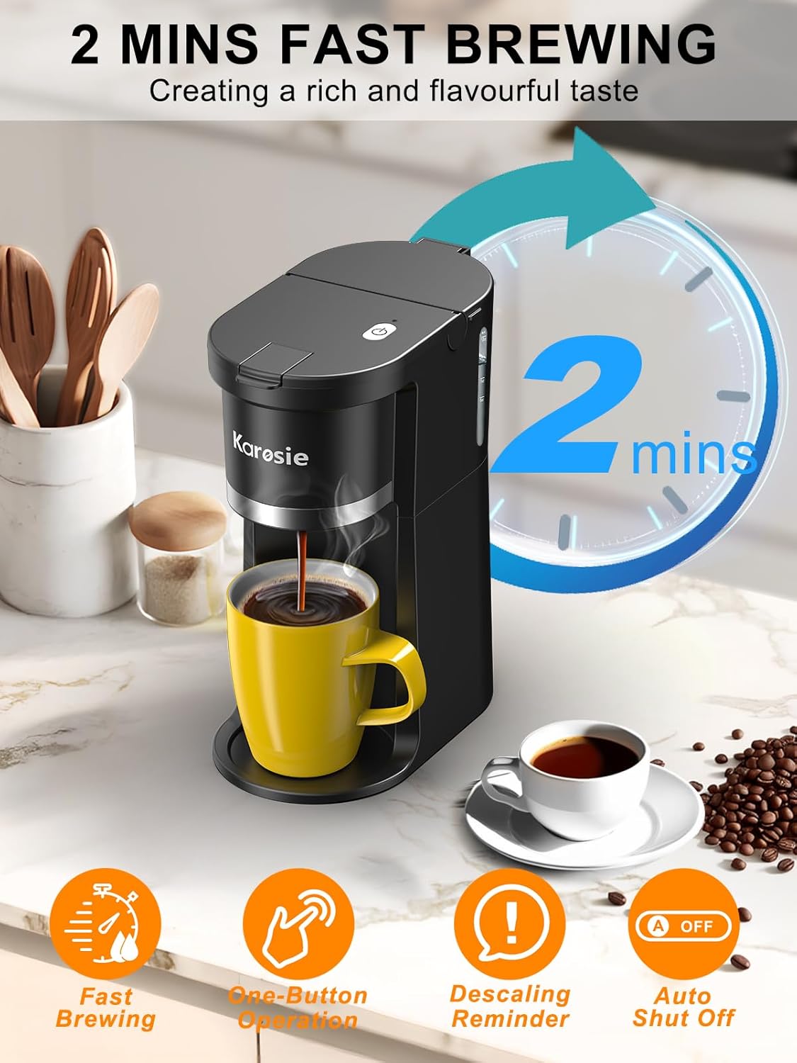 Small Single Serve Coffee Maker, Fast Brew for Pods & Ground Coffee, 6-12 Oz Brew Sizes, One-Button Single Cup Coffee