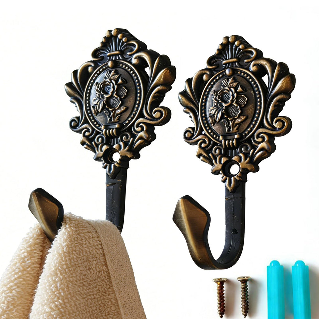2Pcs Curtain Tiebacks Hook Vintage Bronze Rose Pattern Carved Wall Hooks