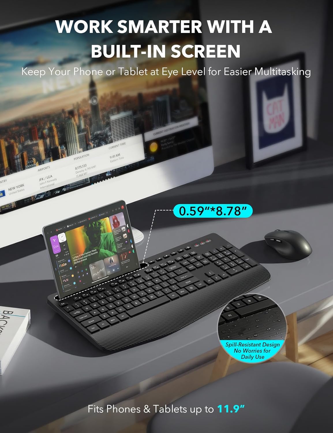 Wireless Keyboard and Mouse Combo - Full-Sized, Ergonomic Wrist Rest | Phone Holder, Sleep Mode, 2.4G Quiet Keyboard