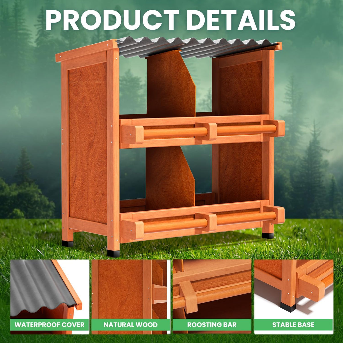 4-Compartment Chicken Nesting Boxes, Spacious for Large Breeds, Premium Pine Wood & Weather-Resistant PVC Sloped