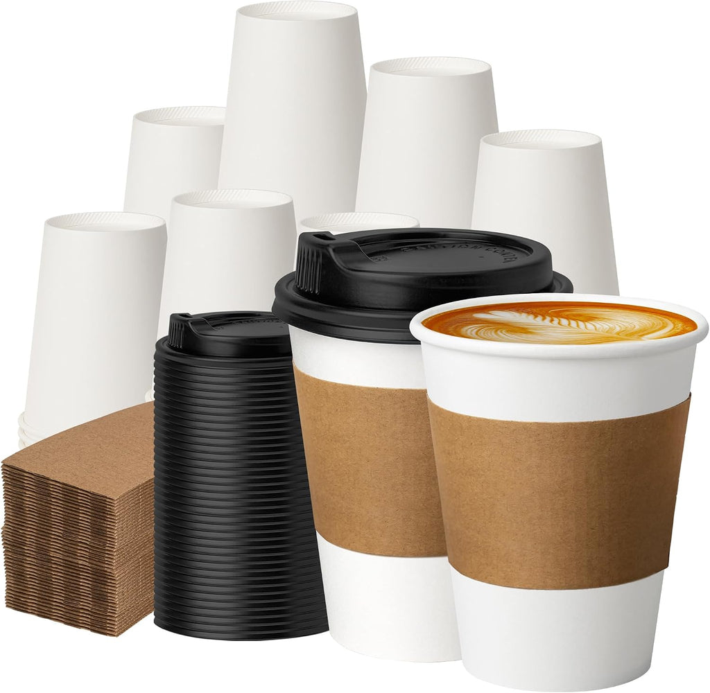 100 Pack 12 oz Disposable Coffee Cups with Lids and Sleeves,White