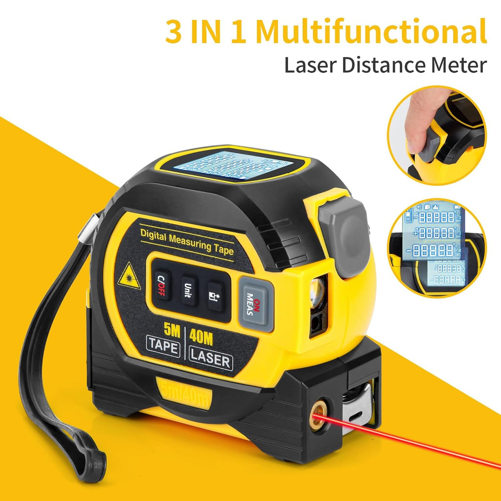 5m/16ft Digital Laser Tape Measure, WTWD 100m/328ft Laser Distance Measure with Cross-Line Laser Level, Area/Volume