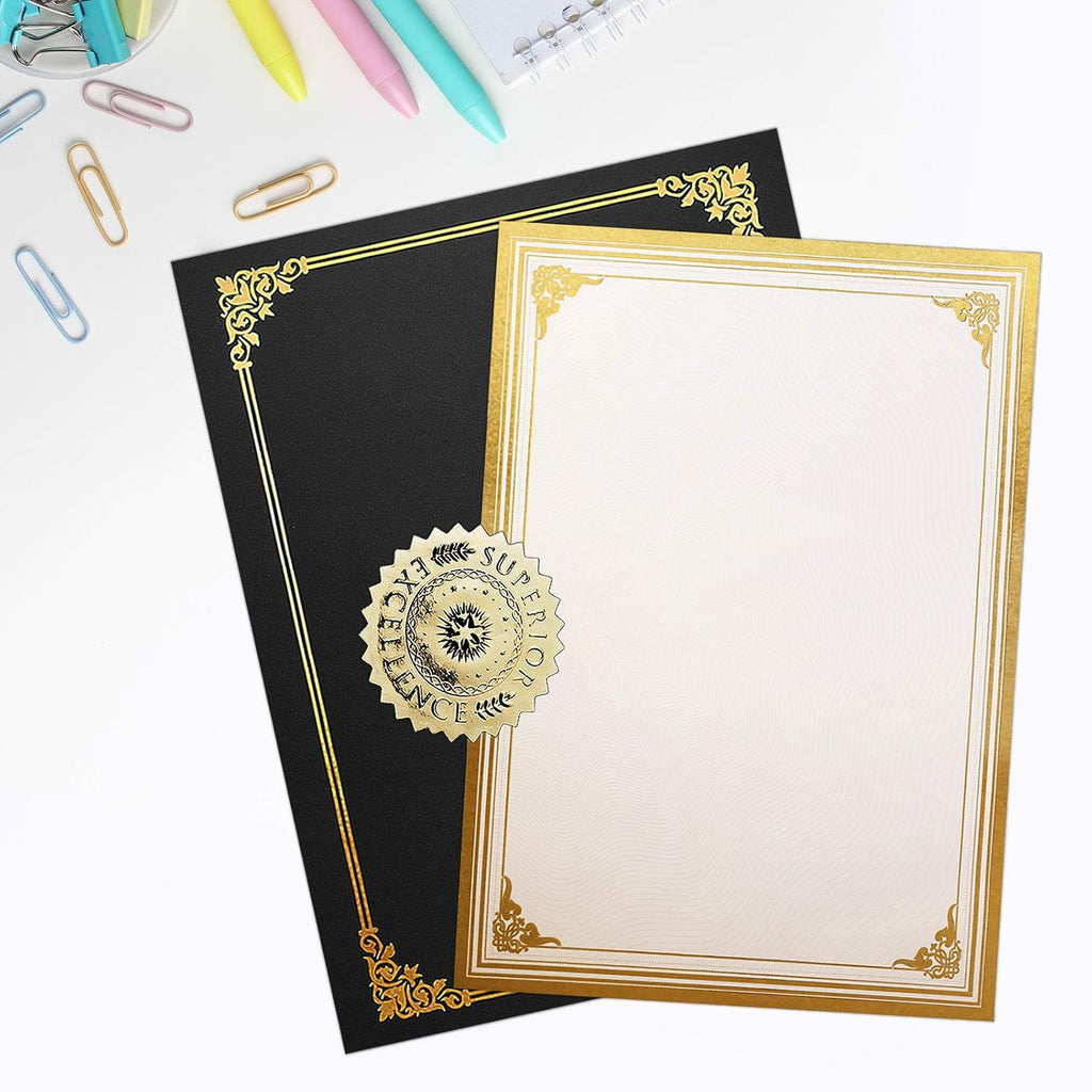 75pcs Certificate Kit, Includes 25pcs Black Certificate Holders & 25pcs Letter Size Certificate Papers & 25pcs Gold