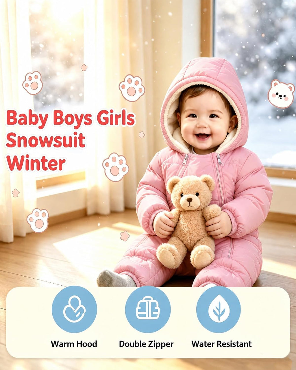 Baby Snowsuit Infant Winter Jumpsuit 0-24M Toddler Footed Jacket Unisex Warm Hooded Outfit Thick Fleece Coat