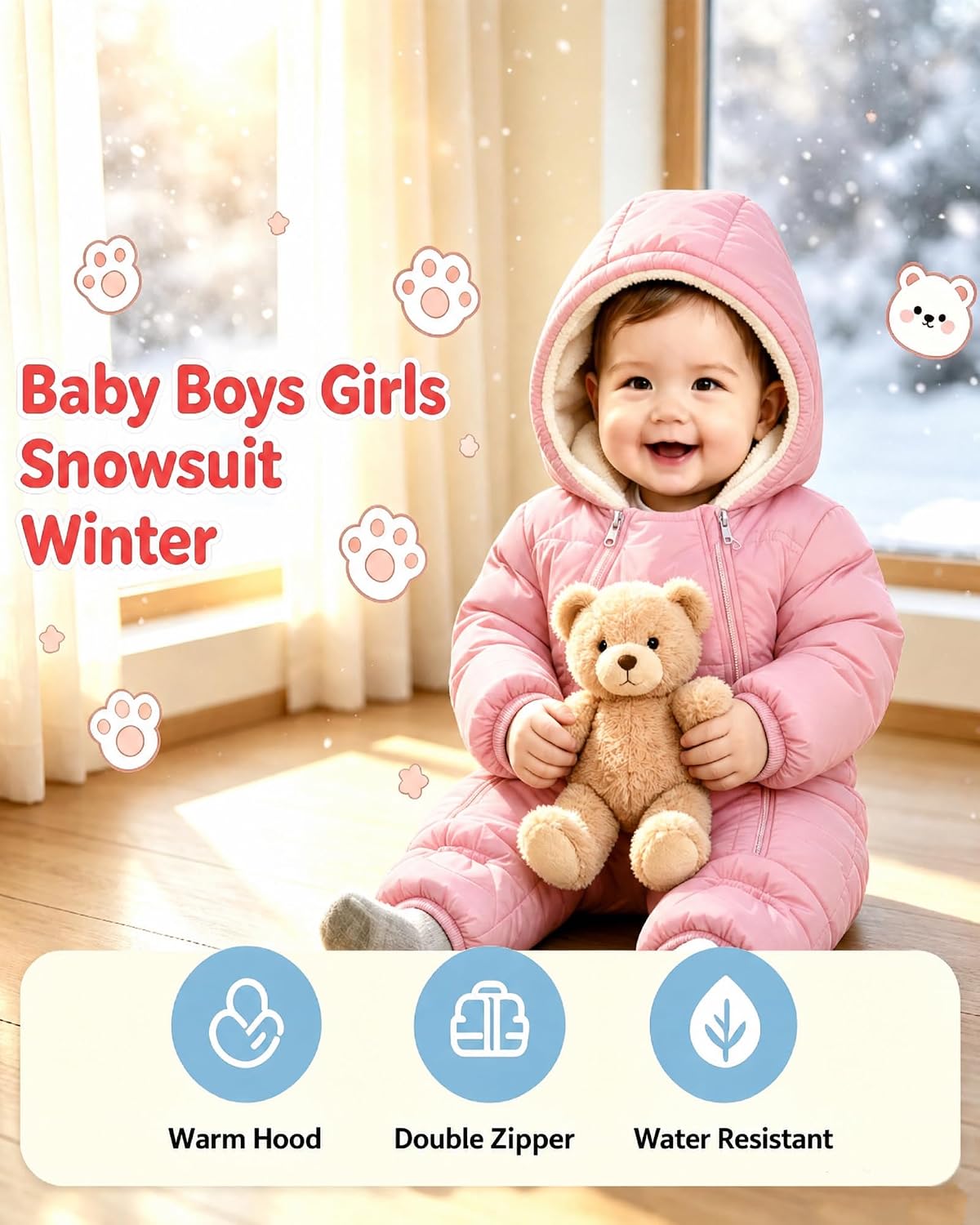 Baby Snowsuit Infant Winter Jumpsuit 0-24M Toddler Footed Jacket Unisex Warm Hooded Outfit Thick Fleece Coat
