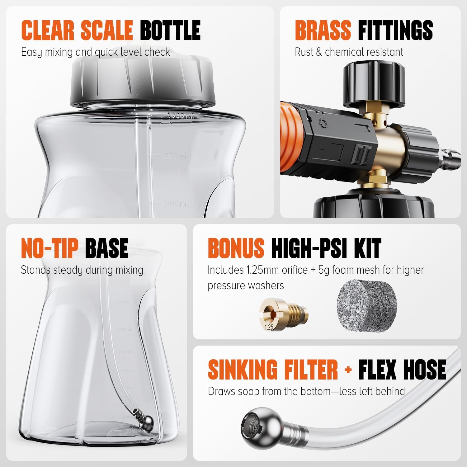 Foam Cannon for Pressure Washer, 1L Snow Foam Lance | 1/4 in quick connect, Includes extra orifice nozzle, foam