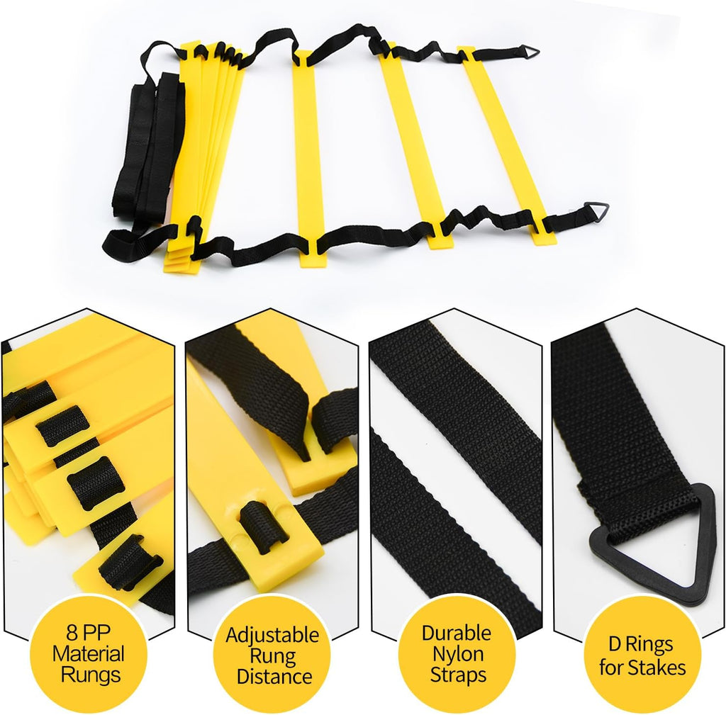 12 Rungs Agility Ladder Set, Training Ladder with Steel Stakes and Carry Bag for Soccer, Speed Fitness Feet Training