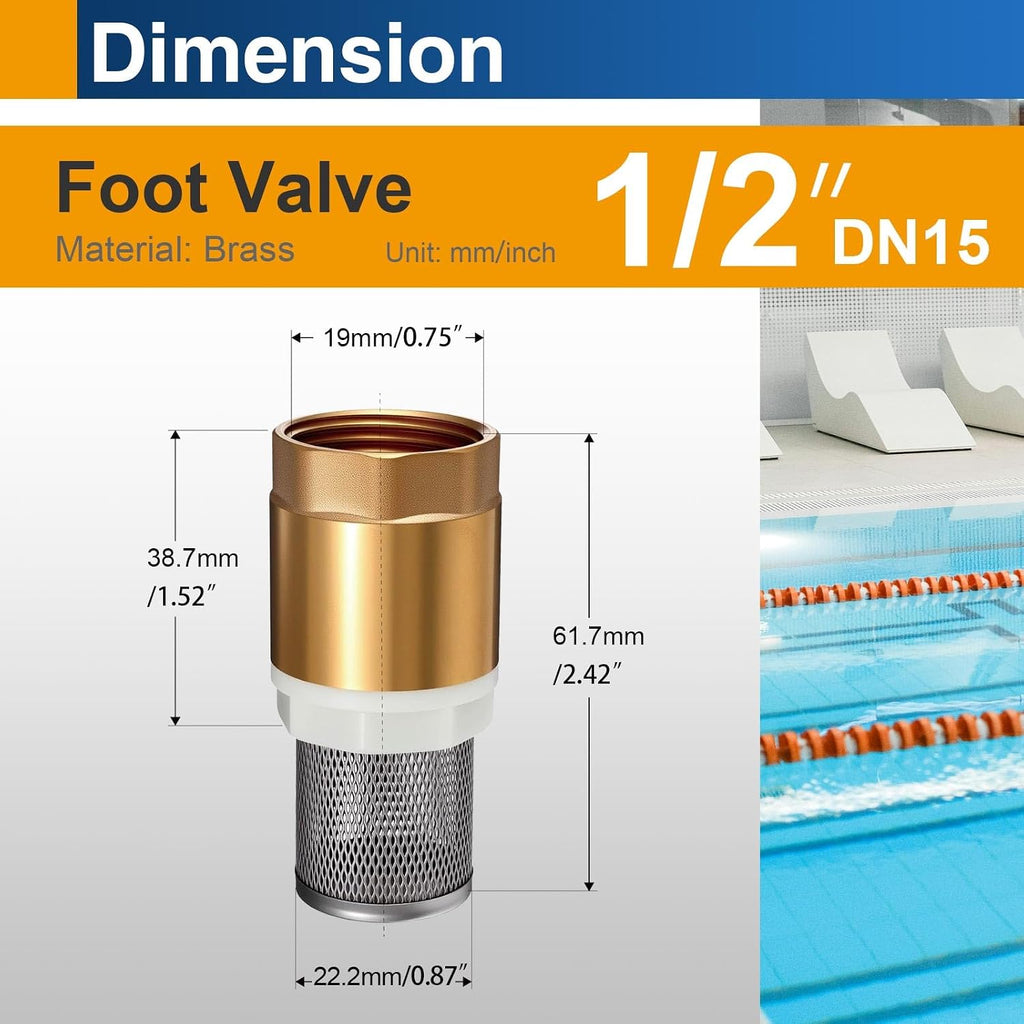 2 Pack 1/2" DN15 Brass Foot Valve with Strainer, Check Valve