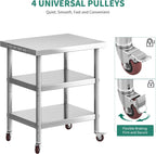 30" X 24" Stainless Steel Table with Wheels, 3 Shelves