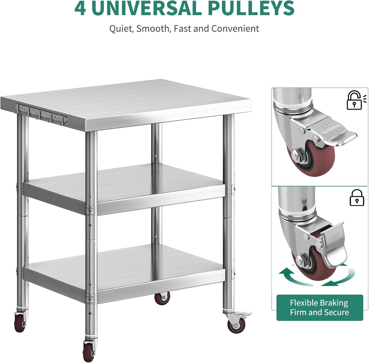 30" X 24" Stainless Steel Table with Wheels, 3 Shelves