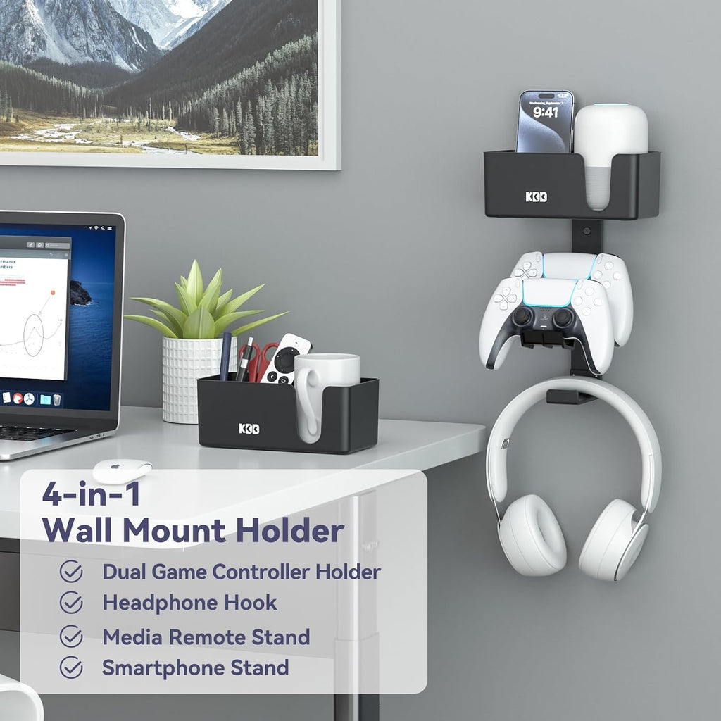4-in-1 Wall Mount Controller Holder - Dual Game Controller and Headphone Hanger with Anti-Slip Pads for Xbox ONE/X