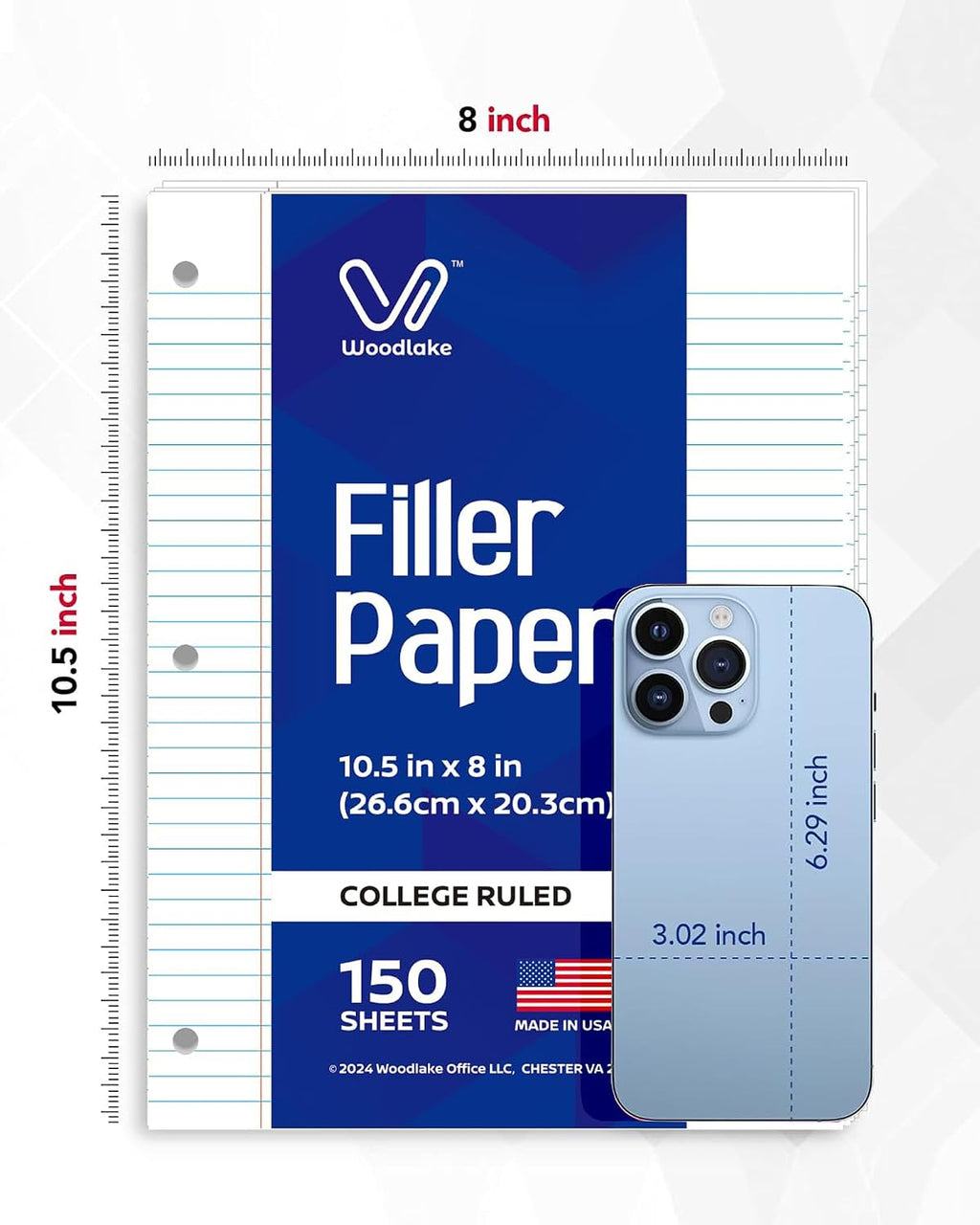 Loose Leaf Paper, College Ruled Notebook Paper, 8 x 10.5”, 150 Sheets per Pack, 3 Pack, Lined Filler Paper, 3 Hole