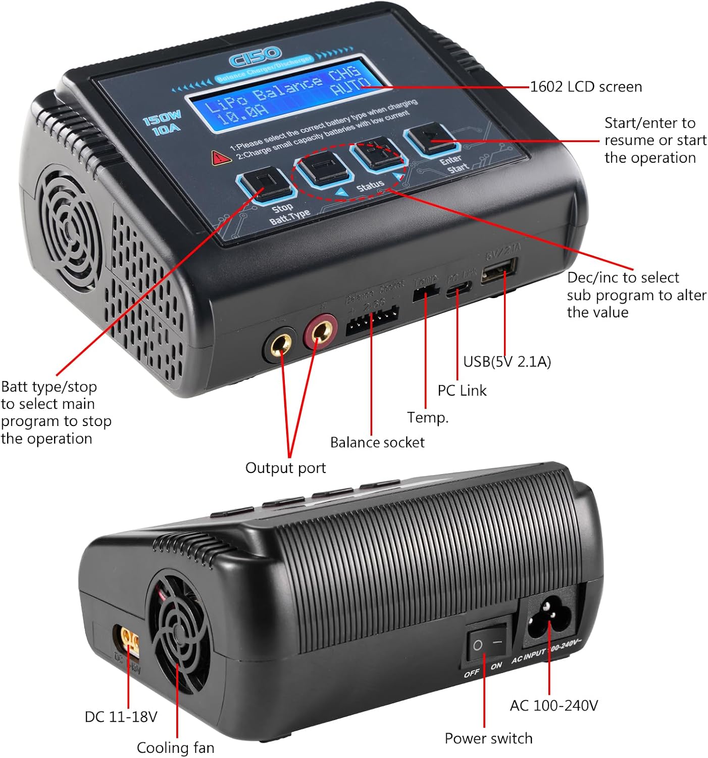 Lipo Battery Charger, 1-6S Balance Charger Discharge 150W 10A AC/DC for Li-Po Li-Hv Ion Fe NiMH NiCd Pb Hobby