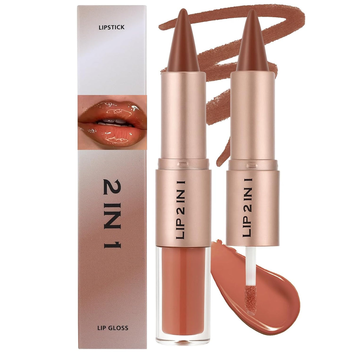 Lip Liner & Gloss Lipstick Combo - 2 in 1 Dual-Ended Lip Combo Set, Nude Brown Velvet Matte Lip Liner & Buildable