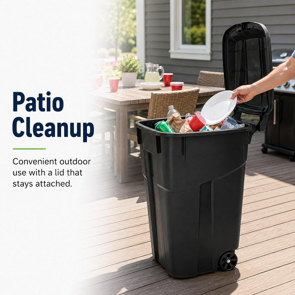 32 Gallon Outdoor Trash Can with Wheels, Heavy Duty Garbage Bin for Patio | Rugged Polypropylene Material, Click Lock