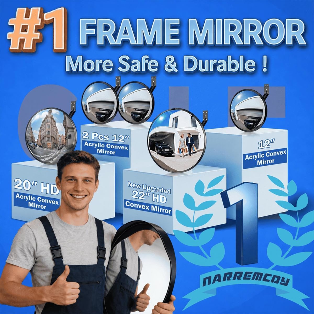 New Upgraded 22" HD Convex Mirror | 160° Adjustable Wide Angle View, Leather Frame & ABS Back, Traffic Mirror for