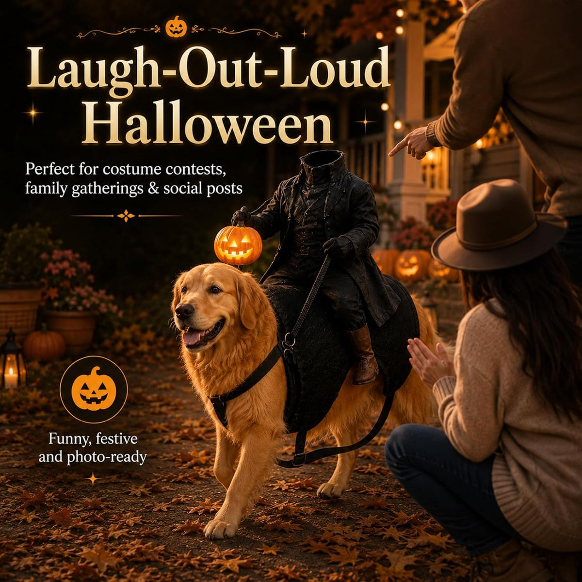 Light-Up Headless Horseman Pet Costume Pumpkin Rider Harness (Black,Large)