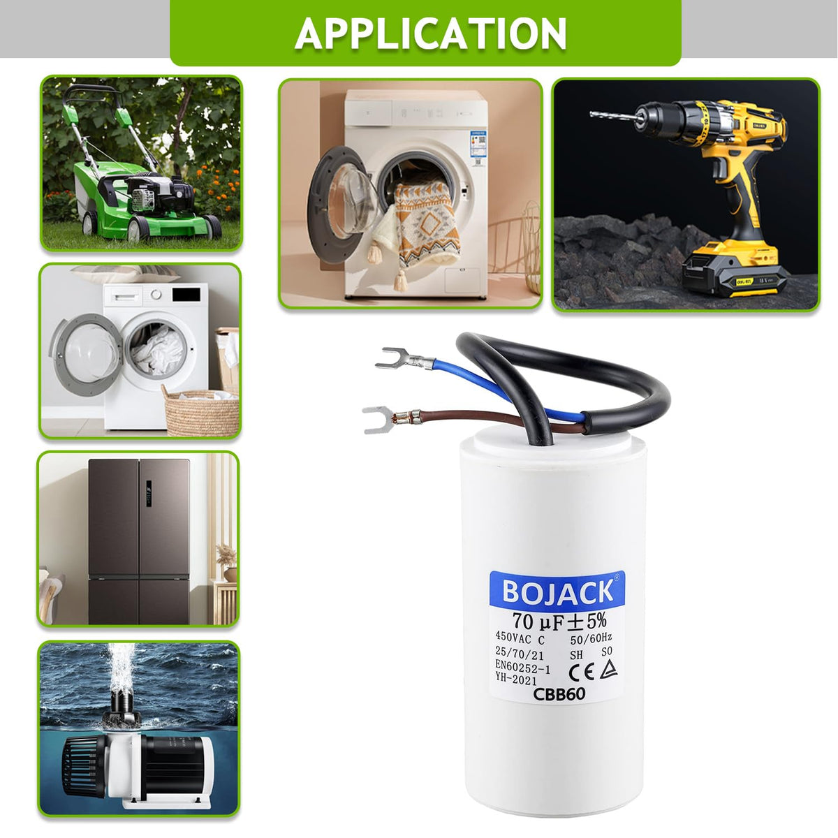 BOJACK 70 uF 450V AC 70 MFD CBB60 Wire Lead Cylinder Motor Run SH Capacitor