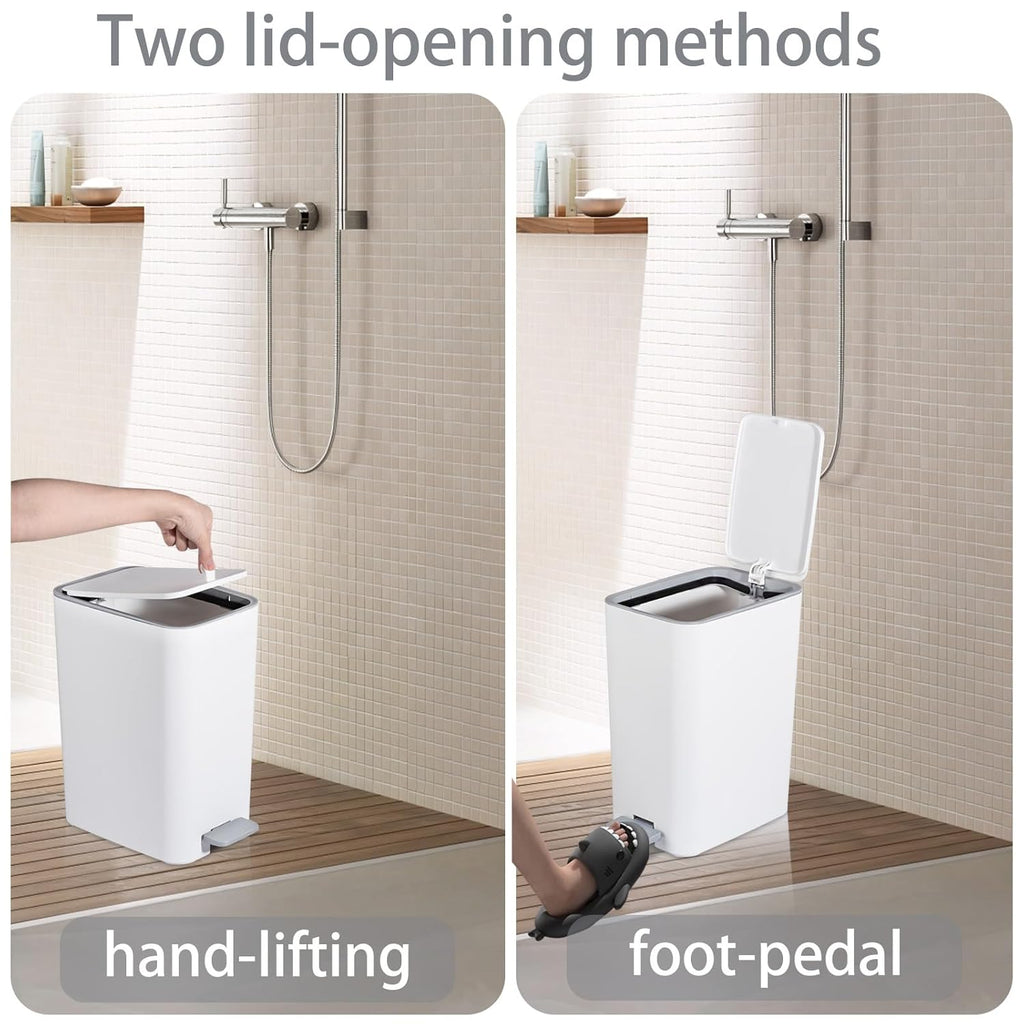 Small Bathroom Trash Can with Lid, 2.1 Gallon Slim Step Trash Can, White | Mini Garbage Can with Handle for Bedroom