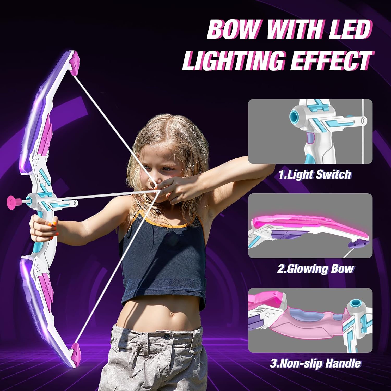 2 Pack Bow and Arrow for Kids, LED Light Up Girls Archery Set | with 24 Suction Cup Arrows, 2 Hanging Targets, 6