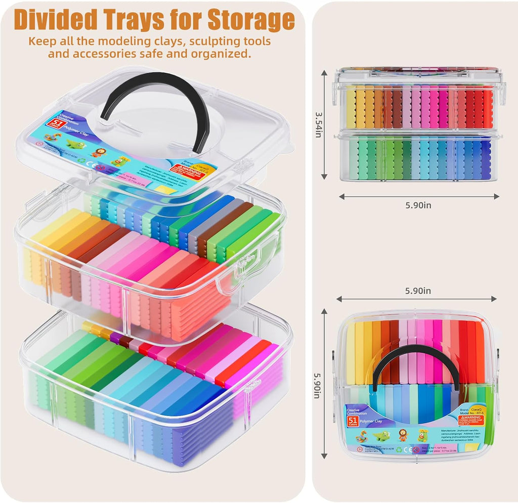 51-Color Polymer Clay Oven Bake Modeling Kit | 14 sculpting tools, 2-layer storage box, silicone mold, acc. pack