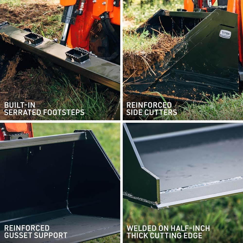 Titan Attachments 84" Skid Steer Dirt Bucket, 3/16" Thick Structural Steel with Reinforced Gussets, Universal Quick