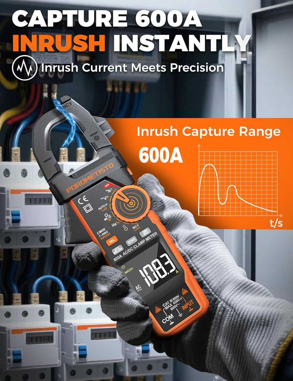 Inrush Clamp Meter,CM06 Clamp Multimeter, 6000 Counts 600A, POROMETISTO